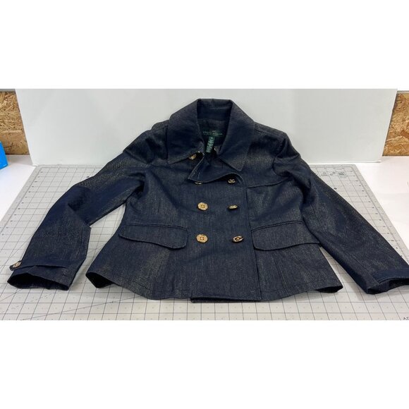 Lauren Ralph Lauren LRL Double Breasted Metallic Blue Denim P-Coat Women’s Sz. M - Picture 6 of 11